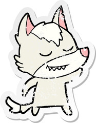 distressed sticker of a friendly cartoon wolf