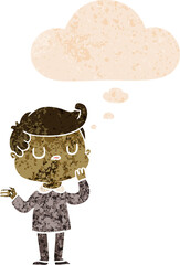 cartoon man wondering and thought bubble in retro textured style