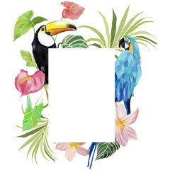 Acrylic abstract tropical frame of plants , toucan and parrot. Hand drawn card of bird, monstera and lines. Floral illustration isolated on white background for design, print or background. © yuliya_derbisheva