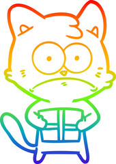 rainbow gradient line drawing cartoon cat with present
