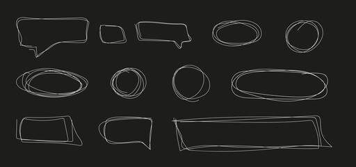 Text frames and callouts. Collection of swirling lines in elements irregular shape - oval, rectangular, round. Set of white doodles on a black background. Doodle sketch style.