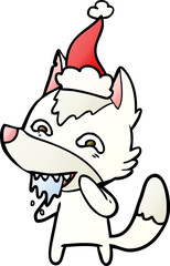 gradient cartoon of a hungry wolf wearing santa hat