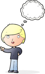 cartoon boy pointing with thought bubble