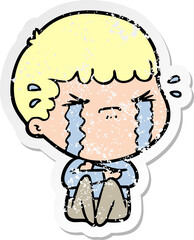 distressed sticker of a cartoon man crying