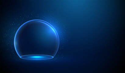 Abstract blue empty glass dome. Neon sphere shield.