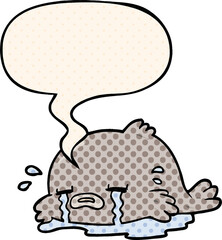 cartoon crying fish and speech bubble in comic book style
