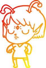 warm gradient line drawing cartoon alien girl