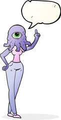 speech bubble cartoon female alien with raised hand