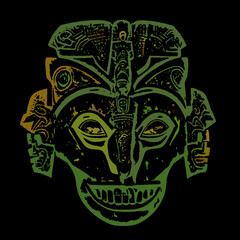 Traditional ancient aztec mask. Isolated on black. Striped lines design. Linear Vector illustration.