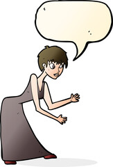 cartoon woman in dress gesturing with speech bubble