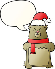cartoon bear wearing christmas hat and speech bubble in smooth gradient style