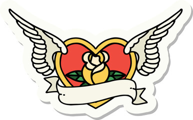 tattoo style sticker of a flying heart with flowers and banner