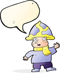 cartoon mushroom man with speech bubble