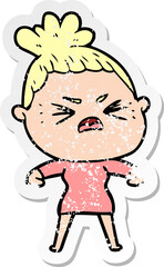 distressed sticker of a cartoon angry woman