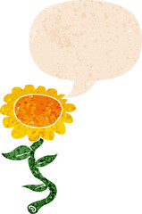 cartoon sunflower and speech bubble in retro textured style