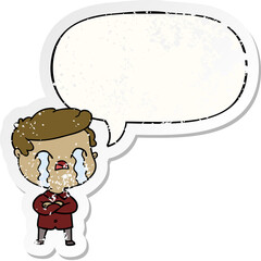 cartoon man crying and speech bubble distressed sticker