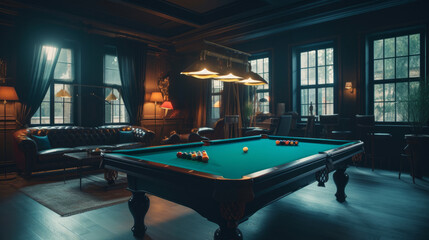 Interior of a luxury living room with billiard table. AI generated