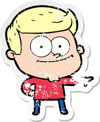 distressed sticker of a cartoon happy man