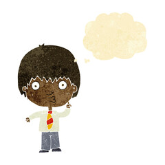 cartoon school boy answering question with thought bubble