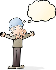 cartoon alien squid face man with thought bubble