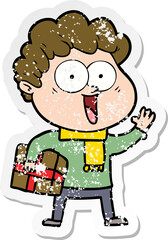 distressed sticker of a cartoon happy man