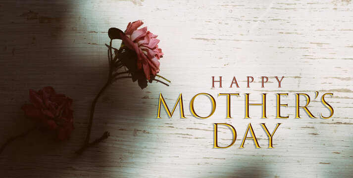 Happy mothers day vintage nostalgia background in rustic wood with rose style.