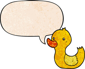 cartoon duck and speech bubble in retro texture style