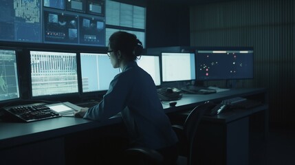person in computer/ television control room - obrazy, fototapety, plakaty