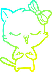cold gradient line drawing cartoon cat with bow on head