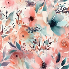 Seamless Elegant Watercolor Pattern of Floral Motifs