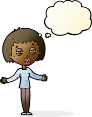 cartoon suspicious woman with thought bubble