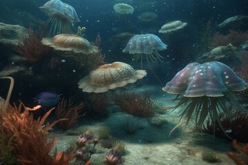 A detailed illustration of a group of marine invertebrates, such as jellyfish or starfish, in their underwater habitat, Generative AI