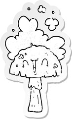 distressed sticker of a cartoon mushroom with spoor cloud