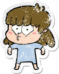 distressed sticker of a cartoon whistling girl