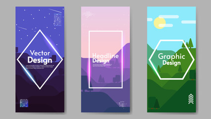 Set of abstract vector landscapes brochures with neon frames. Design for flyer, wallpaper, banner, greeting, touristic or busyness card. 
