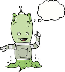 cartoon alien spaceman with thought bubble