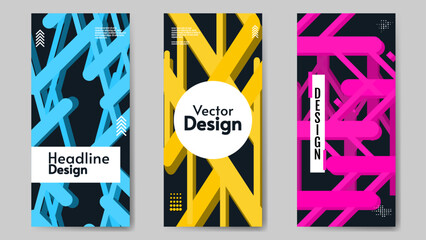 Set of geometric flyers. Vector illustration. Dark backdrop. Design for invitation, brochure. 