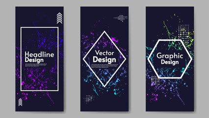 Set of flyer’s. Dark backdrop with bright gradient paint splash and brushes. Design for brochure, invitation, postcard.