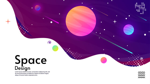 Vector illustration. Space banner with planets, comets, stars. Design for greeting card, invitation, banner, wallpaper, background.