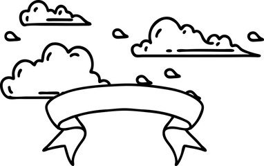 banner with black line work tattoo style floating clouds