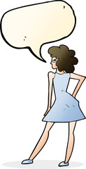 cartoon woman posing in dress with speech bubble