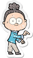 distressed sticker of a cartoon happy old woman