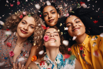Obraz na płótnie Canvas Group of diverse women celebrating in confetti, Generative AI