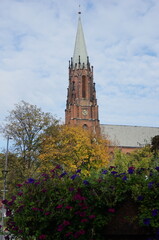 Tower of Church of the Holy Cross (kosciol Krzyza Swietego). Roman Catholic temple. Siemianowice Slaskie, Poland.