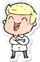 distressed sticker of a cartoon man laughing