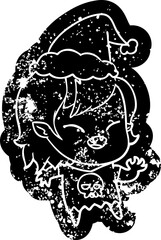 cartoon distressed icon of a laughing vampire girl wearing santa hat