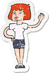 retro distressed sticker of a cartoon woman waving