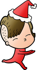 gradient cartoon of a girl in onesie wearing santa hat