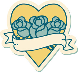 tattoo style sticker of a heart and banner with flowers