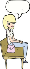 cartoon woman sitting on bench with speech bubble